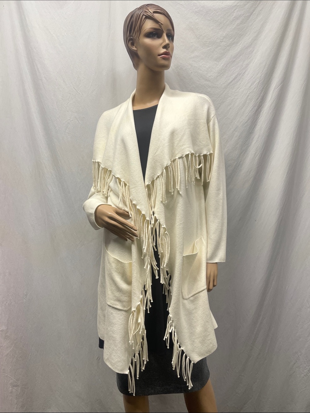 Eva & Paige Women's Cream Fringed Open-Front Cardigan Sweater NWOT